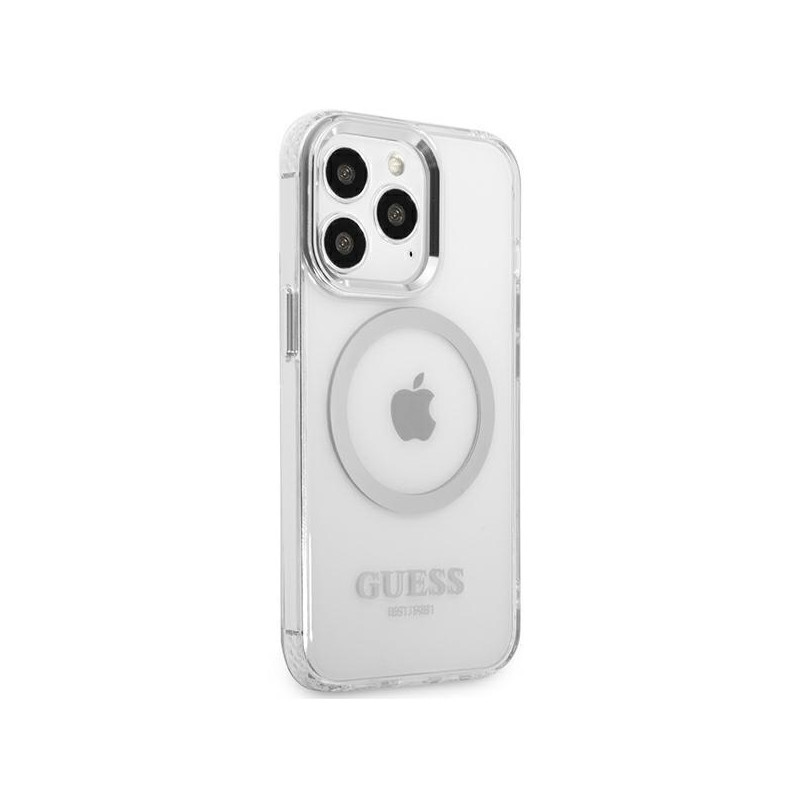 Guess Metal Outline MagSafe dėklas, skirtas iPhone 13 Pro / iPhone 13 - sidabrinis