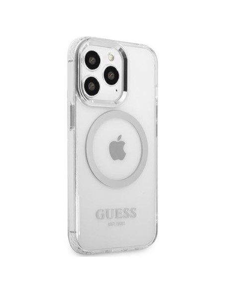 Guess Metal Outline MagSafe dėklas, skirtas iPhone 13 Pro / iPhone 13 - sidabrinis Guess Metal Outline MagSafe dėklas, skirtas iPhone 13 Pro / iPhone 13 - sidabrinis