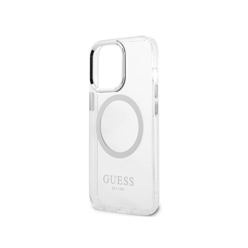 Guess Metal Outline MagSafe dėklas, skirtas iPhone 13 Pro / iPhone 13 - sidabrinis