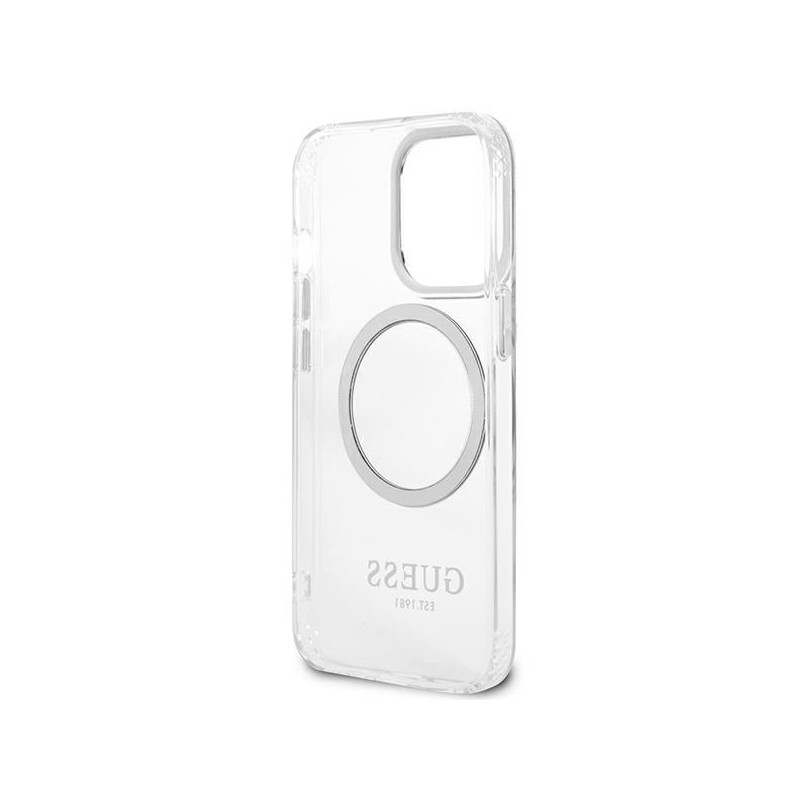 Guess Metal Outline MagSafe dėklas, skirtas iPhone 13 Pro / iPhone 13 - sidabrinis
