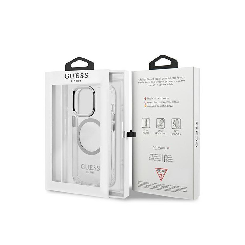 Guess Metal Outline MagSafe dėklas, skirtas iPhone 13 Pro / iPhone 13 - sidabrinis