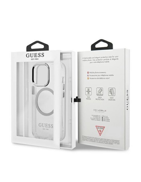 Guess Metal Outline MagSafe dėklas, skirtas iPhone 13 Pro / iPhone 13 - sidabrinis Guess Metal Outline MagSafe dėklas, skirtas iPhone 13 Pro / iPhone 13 - sidabrinis