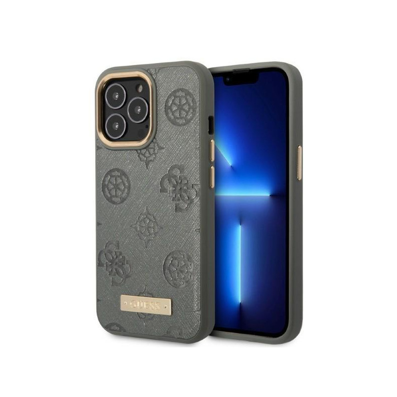 Guess Peony Logo Plate MagSafe dėklas iPhone 13 Pro / iPhone 13 - pilkas