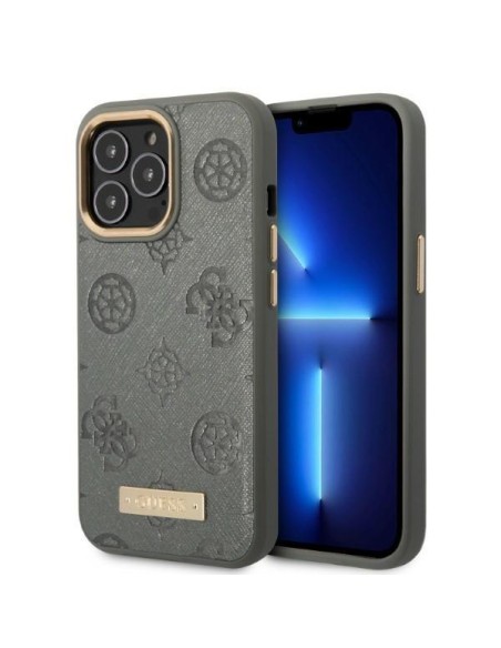 Guess Peony Logo Plate MagSafe dėklas iPhone 13 Pro / iPhone 13 - pilkas Guess Peony Logo Plate MagSafe dėklas iPhone 13 Pro / iPhone 13 - pilkas