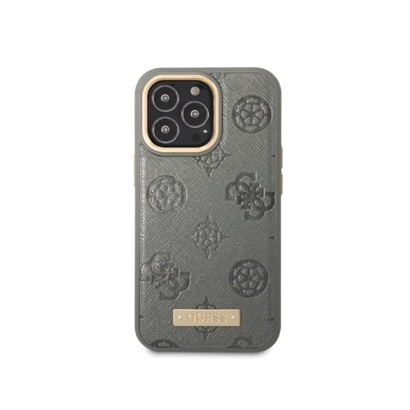 Guess Peony Logo Plate MagSafe dėklas iPhone 13 Pro / iPhone 13 - pilkas