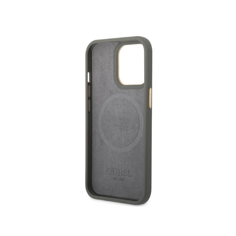 Guess Peony Logo Plate MagSafe dėklas iPhone 13 Pro / iPhone 13 - pilkas