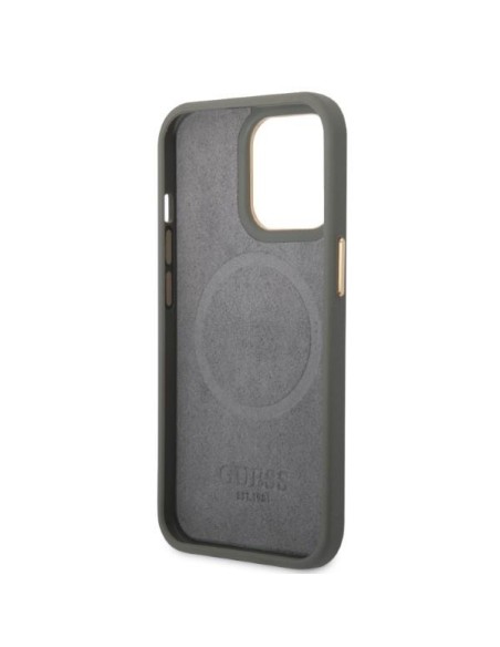Guess Peony Logo Plate MagSafe dėklas iPhone 13 Pro / iPhone 13 - pilkas Guess Peony Logo Plate MagSafe dėklas iPhone 13 Pro / iPhone 13 - pilkas