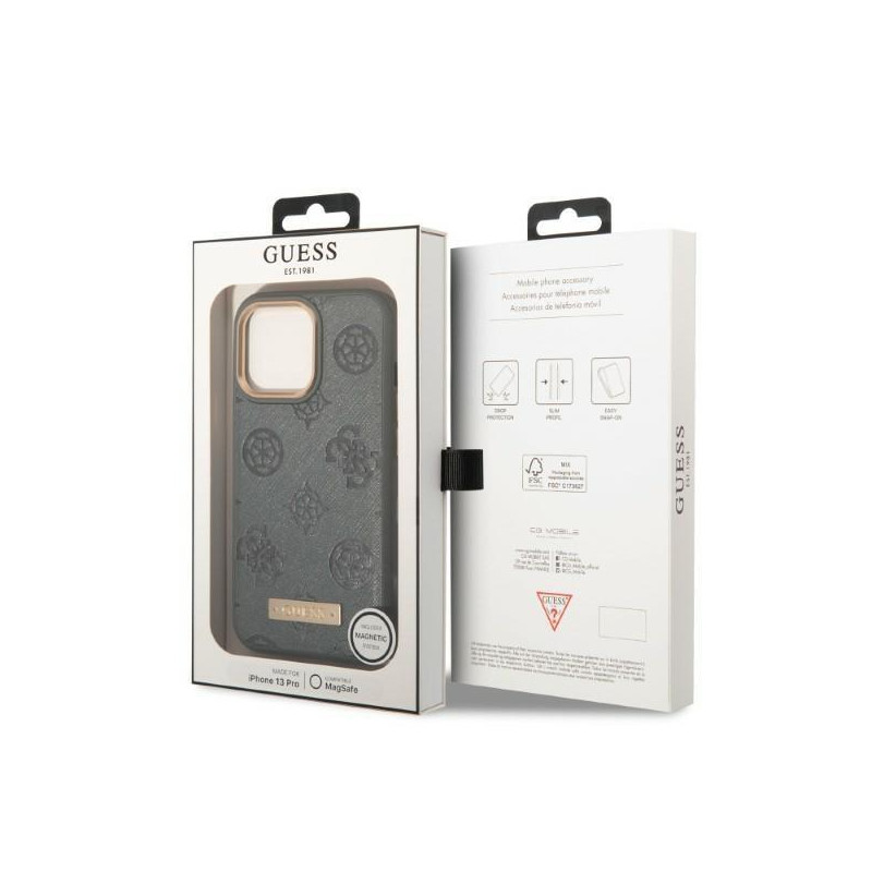 Guess Peony Logo Plate MagSafe dėklas iPhone 13 Pro / iPhone 13 - pilkas