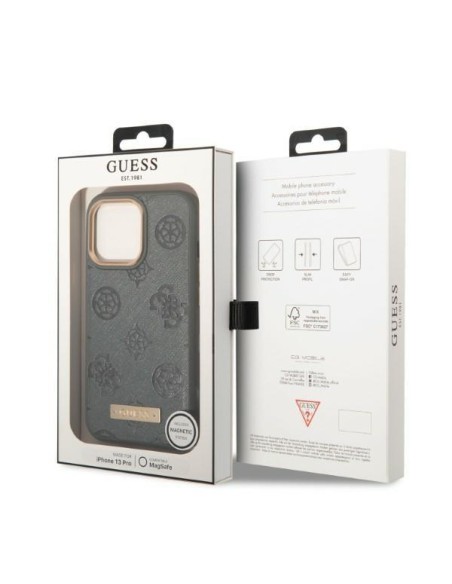 Guess Peony Logo Plate MagSafe dėklas iPhone 13 Pro / iPhone 13 - pilkas Guess Peony Logo Plate MagSafe dėklas iPhone 13 Pro / iPhone 13 - pilkas