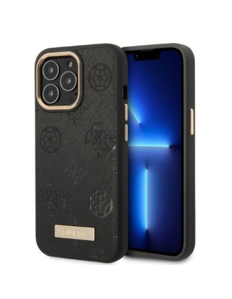 Guess Peony Logo Plate MagSafe dėklas, skirtas iPhone 13 Pro / iPhone 13 - juodas