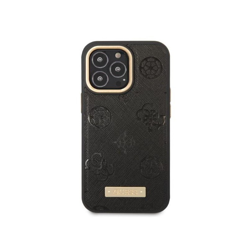 Guess Peony Logo Plate MagSafe dėklas, skirtas iPhone 13 Pro / iPhone 13 - juodas