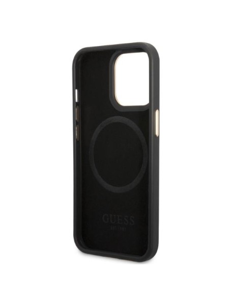 Guess Peony Logo Plate MagSafe dėklas, skirtas iPhone 13 Pro / iPhone 13 - juodas