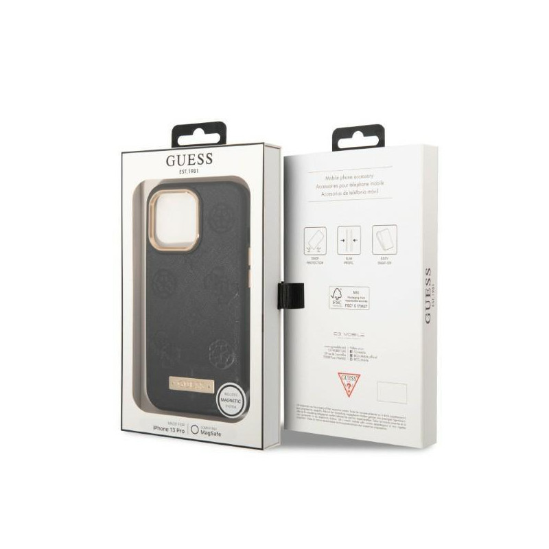 Guess Peony Logo Plate MagSafe dėklas, skirtas iPhone 13 Pro / iPhone 13 - juodas