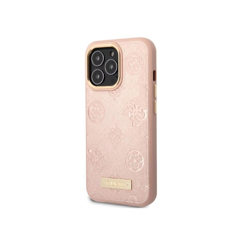 Guess Peony Logo Plate MagSafe dėklas, skirtas iPhone 13 Pro / iPhone 13 - rožinis