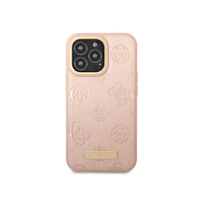 Guess Peony Logo Plate MagSafe dėklas, skirtas iPhone 13 Pro / iPhone 13 - rožinis