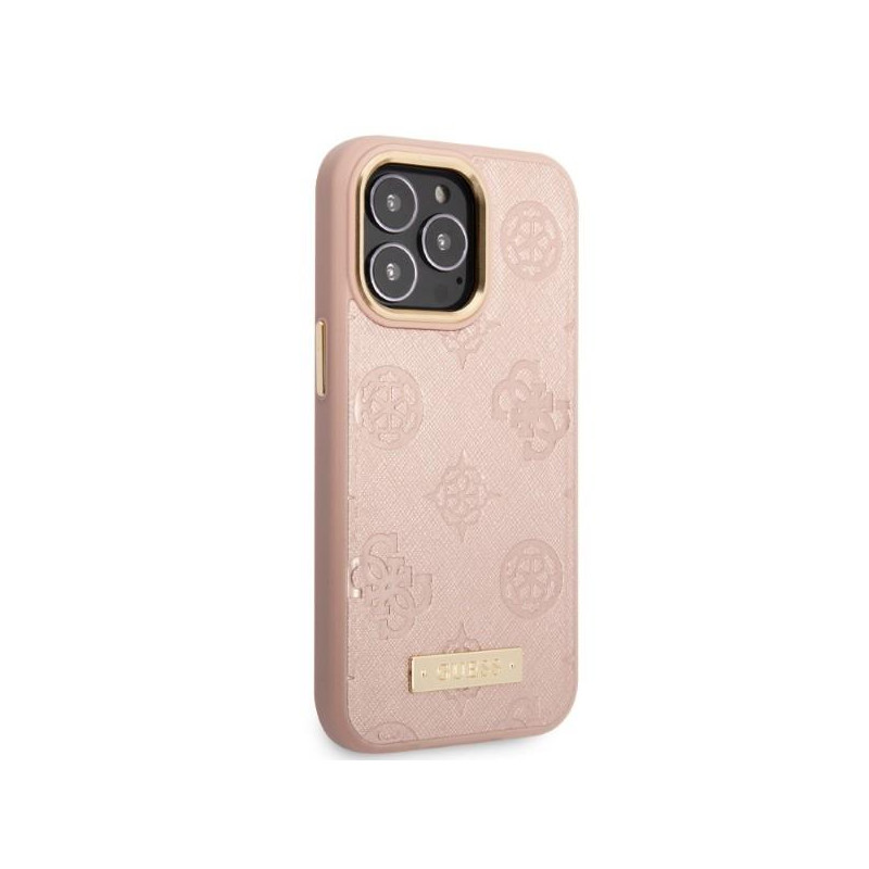 Guess Peony Logo Plate MagSafe dėklas, skirtas iPhone 13 Pro / iPhone 13 - rožinis