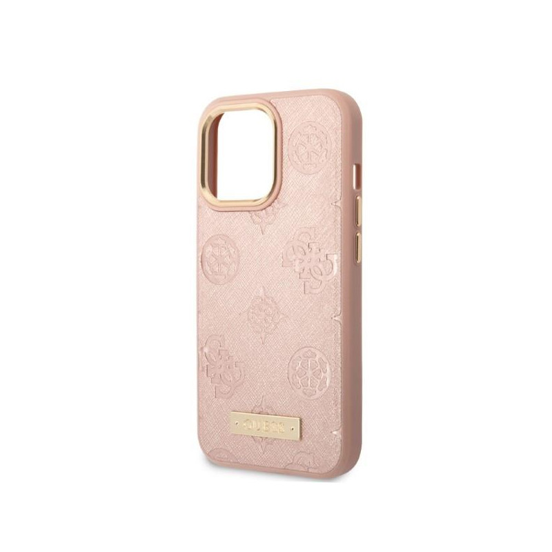 Guess Peony Logo Plate MagSafe dėklas, skirtas iPhone 13 Pro / iPhone 13 - rožinis