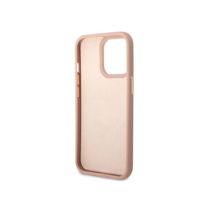 Guess Peony Logo Plate MagSafe dėklas, skirtas iPhone 13 Pro / iPhone 13 - rožinis