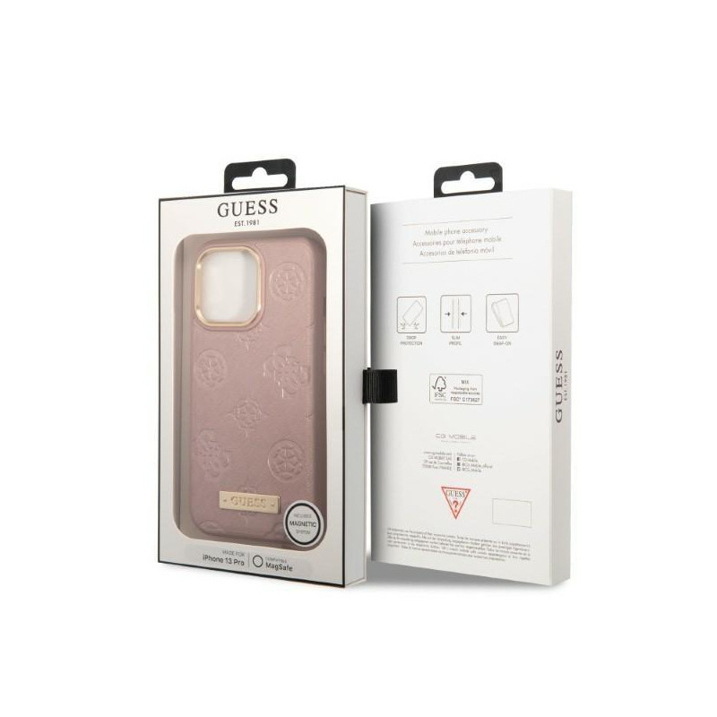 Guess Peony Logo Plate MagSafe dėklas, skirtas iPhone 13 Pro / iPhone 13 - rožinis