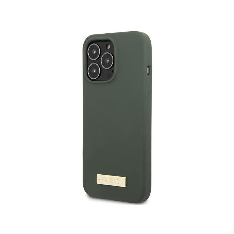 Guess Silicone Logo Plate MagSafe dėklas, skirtas iPhone 13 Pro / iPhone 13 - žalias