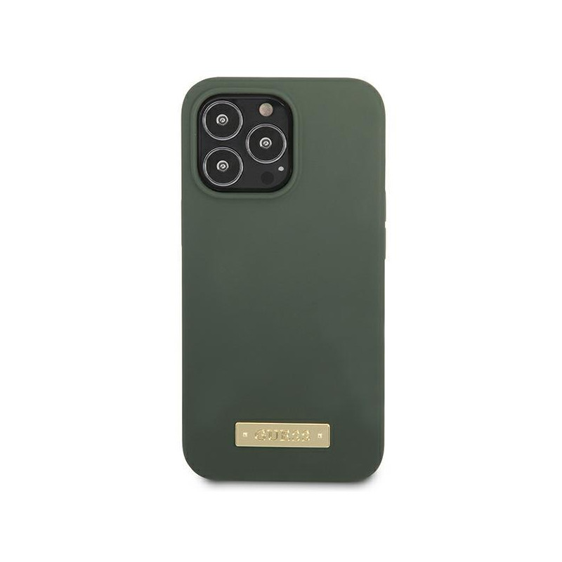 Guess Silicone Logo Plate MagSafe dėklas, skirtas iPhone 13 Pro / iPhone 13 - žalias