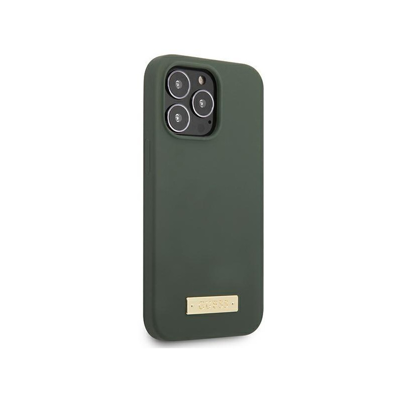 Guess Silicone Logo Plate MagSafe dėklas, skirtas iPhone 13 Pro / iPhone 13 - žalias