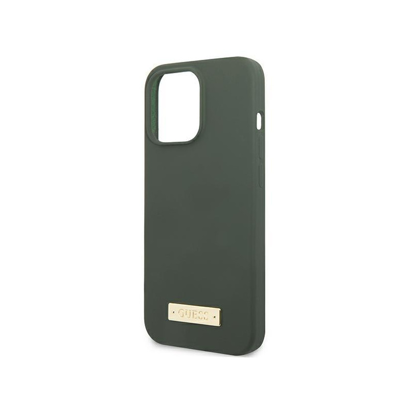Guess Silicone Logo Plate MagSafe dėklas, skirtas iPhone 13 Pro / iPhone 13 - žalias