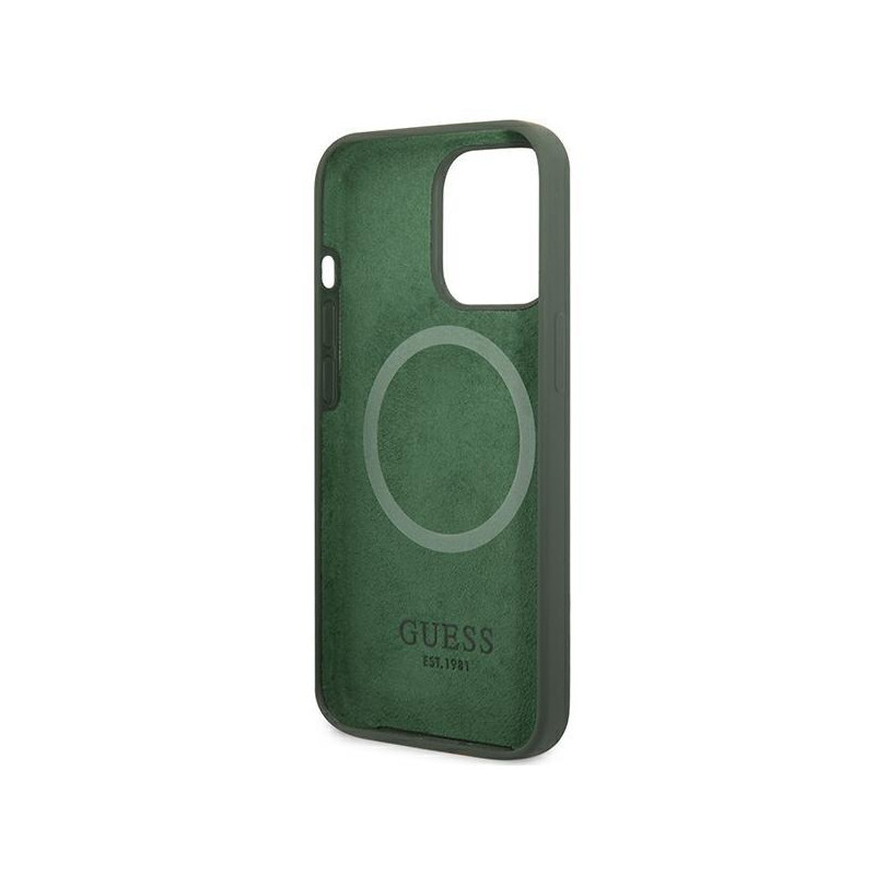 Guess Silicone Logo Plate MagSafe dėklas, skirtas iPhone 13 Pro / iPhone 13 - žalias