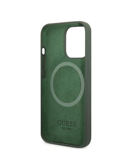 Guess Silicone Logo Plate MagSafe dėklas, skirtas iPhone 13 Pro / iPhone 13 - žalias Guess Silicone Logo Plate MagSafe dėklas, skirtas iPhone 13 Pro / iPhone 13 - žalias
