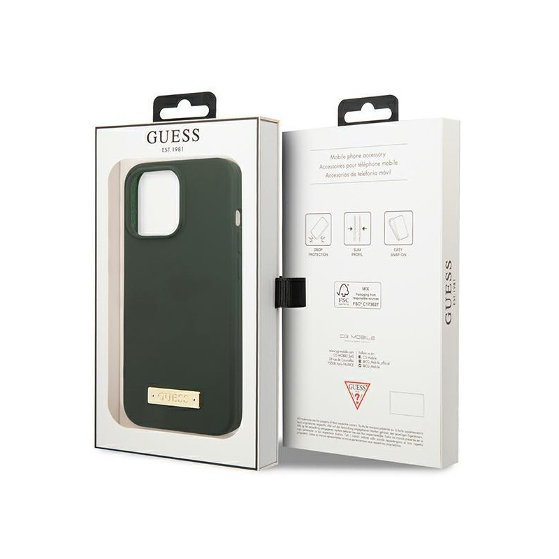 Guess Silicone Logo Plate MagSafe dėklas, skirtas iPhone 13 Pro / iPhone 13 - žalias