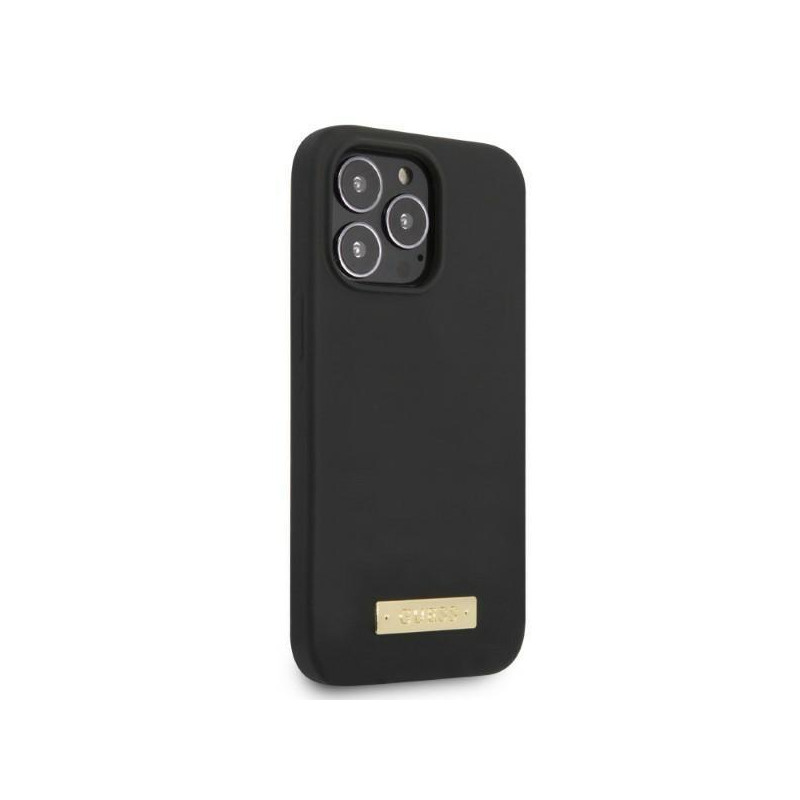 Guess Silicone Logo Plate MagSafe dėklas, skirtas iPhone 13 Pro / iPhone 13 - juodas