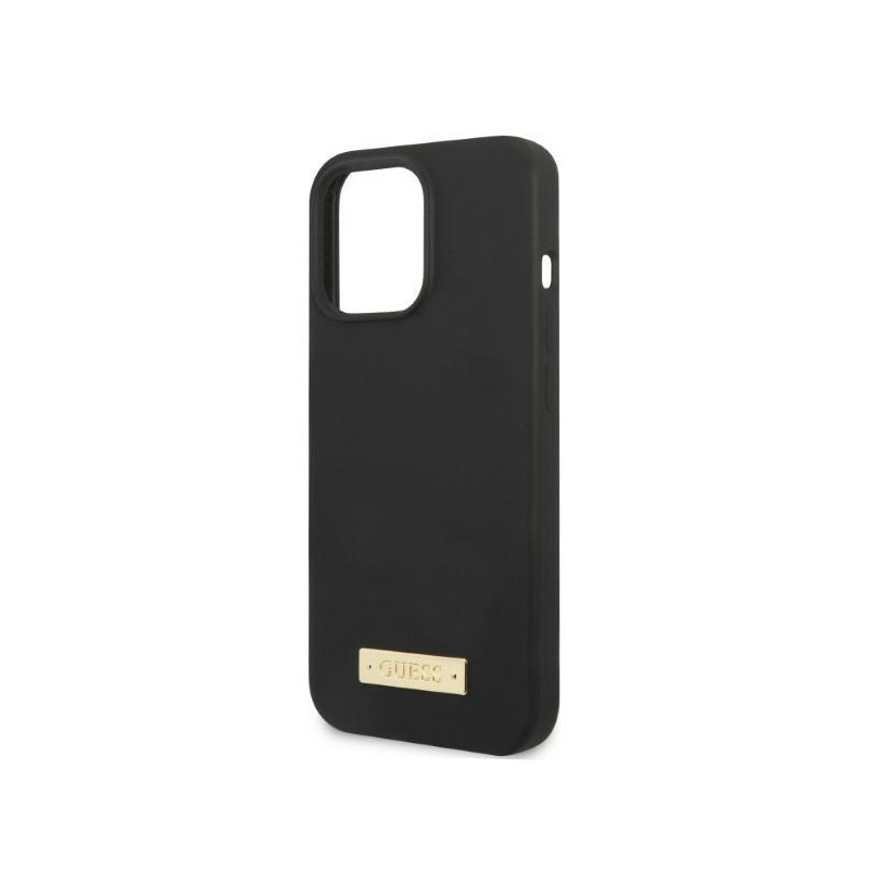 Guess Silicone Logo Plate MagSafe dėklas, skirtas iPhone 13 Pro / iPhone 13 - juodas