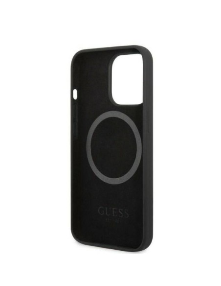 Guess Silicone Logo Plate MagSafe dėklas, skirtas iPhone 13 Pro / iPhone 13 - juodas Guess Silicone Logo Plate MagSafe dėklas, skirtas iPhone 13 Pro / iPhone 13 - juodas
