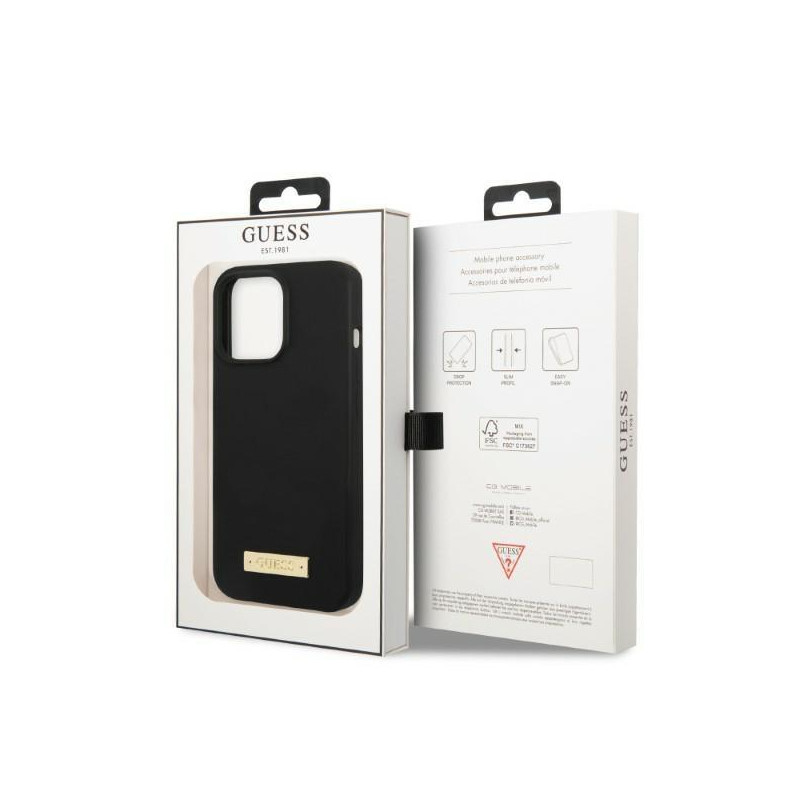 Guess Silicone Logo Plate MagSafe dėklas, skirtas iPhone 13 Pro / iPhone 13 - juodas