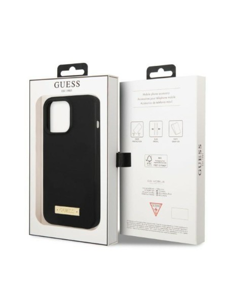 Guess Silicone Logo Plate MagSafe dėklas, skirtas iPhone 13 Pro / iPhone 13 - juodas Guess Silicone Logo Plate MagSafe dėklas, skirtas iPhone 13 Pro / iPhone 13 - juodas