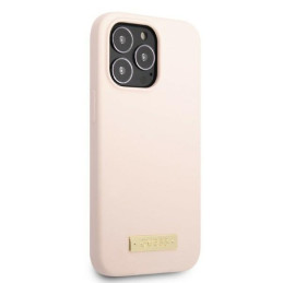 Guess Silicone Logo Plate MagSafe dėklas skirtas iPhone 13 Pro / iPhone 13 - rožinis