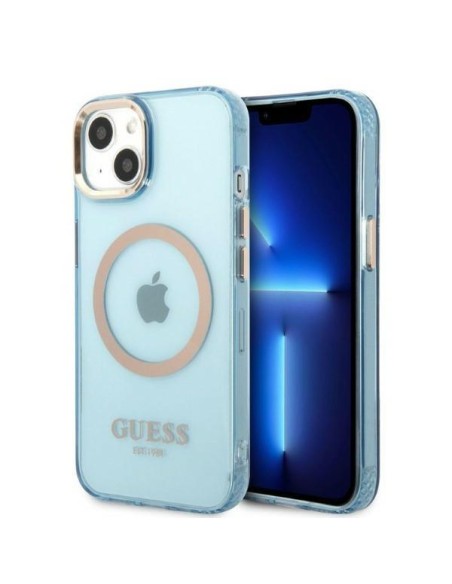 Guess Gold Outline permatomas MagSafe dėklas, skirtas iPhone 13 - mėlynas Guess Gold Outline permatomas MagSafe dėklas, skirtas iPhone 13 - mėlynas