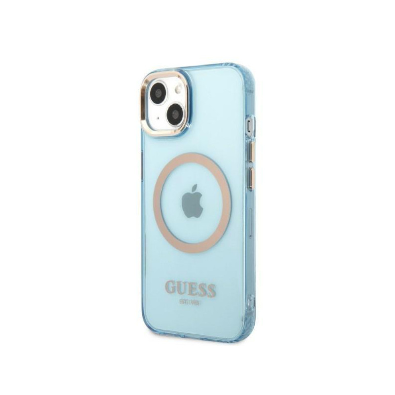Guess Gold Outline permatomas MagSafe dėklas, skirtas iPhone 13 - mėlynas