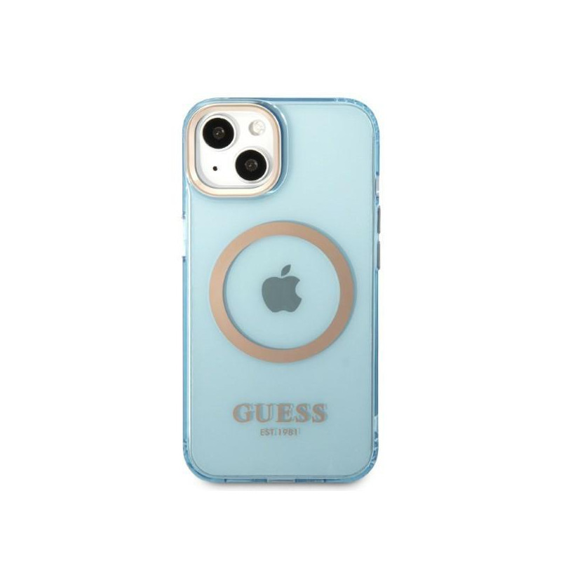 Guess Gold Outline permatomas MagSafe dėklas, skirtas iPhone 13 - mėlynas