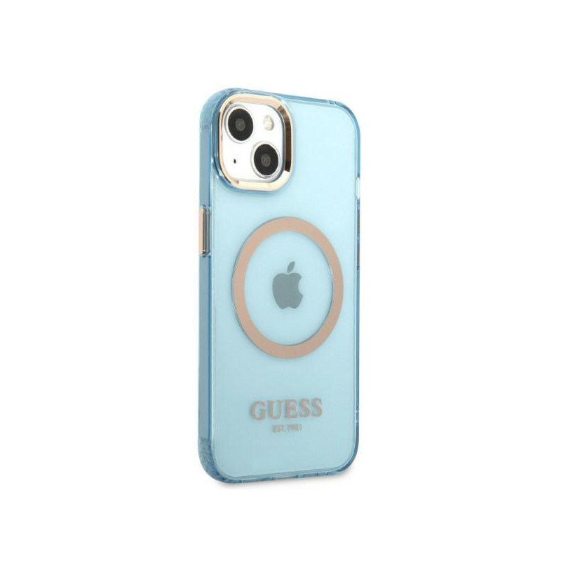 Guess Gold Outline permatomas MagSafe dėklas, skirtas iPhone 13 - mėlynas