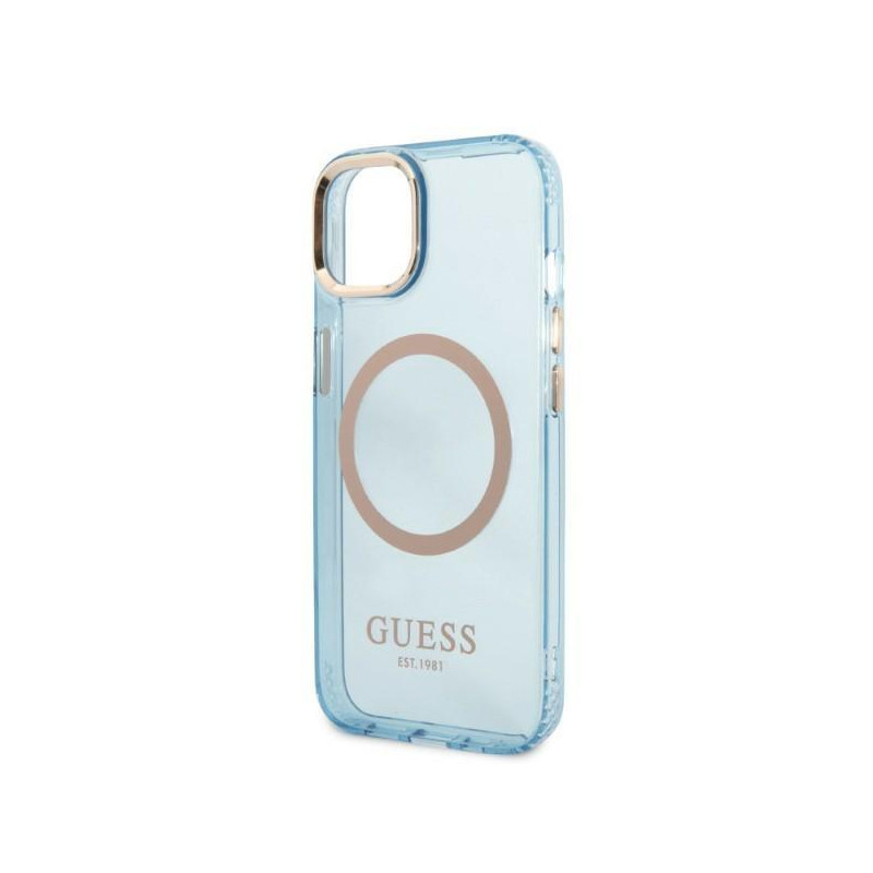 Guess Gold Outline permatomas MagSafe dėklas, skirtas iPhone 13 - mėlynas