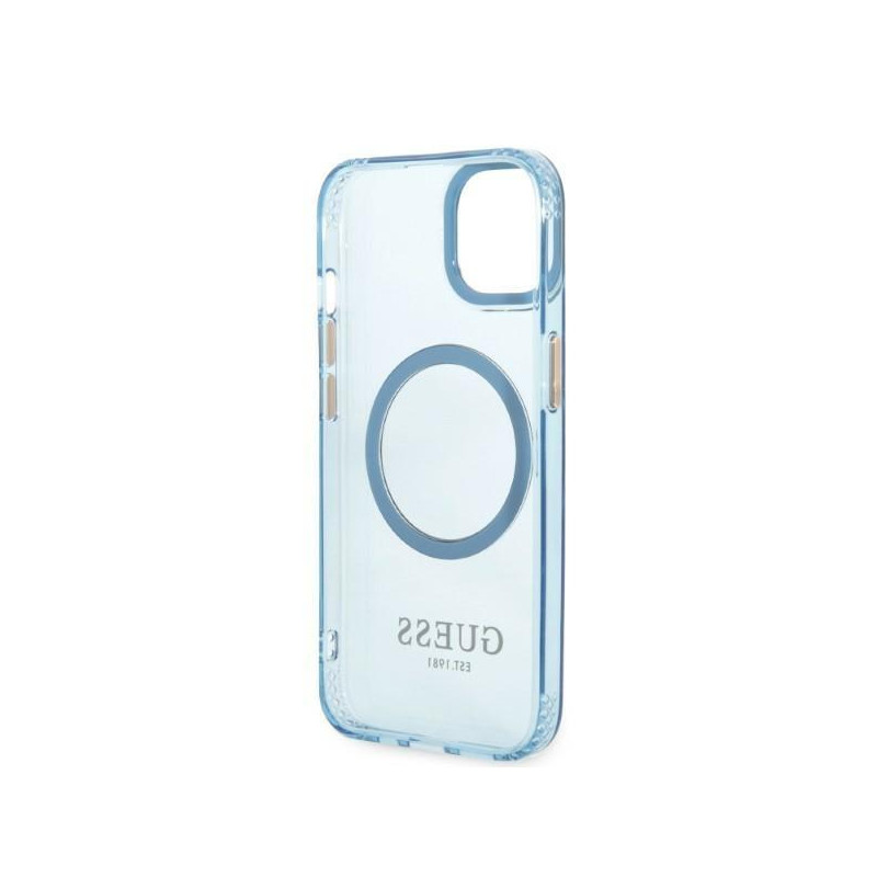 Guess Gold Outline permatomas MagSafe dėklas, skirtas iPhone 13 - mėlynas