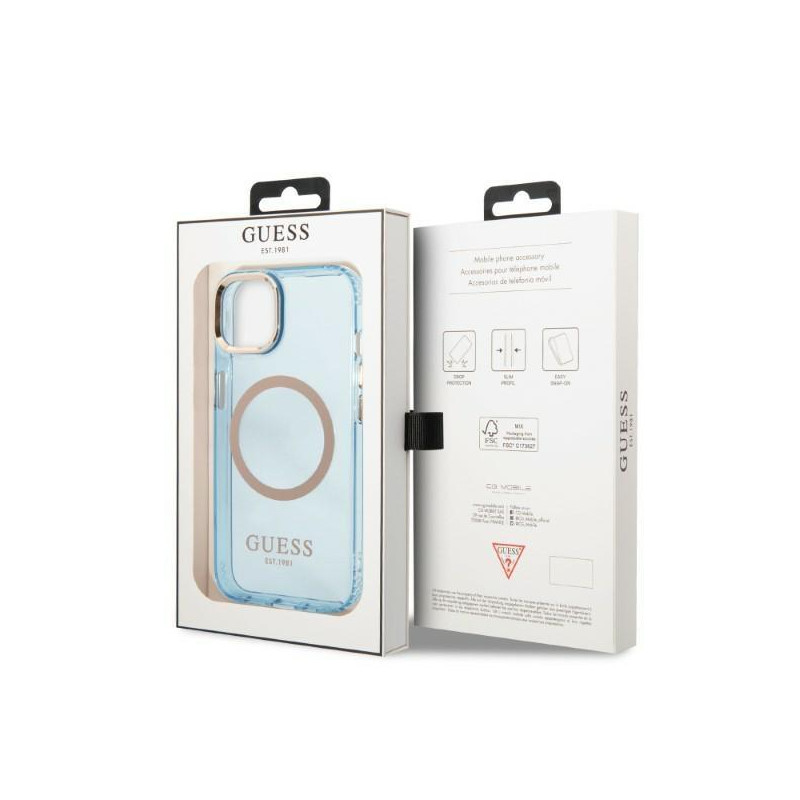 Guess Gold Outline permatomas MagSafe dėklas, skirtas iPhone 13 - mėlynas