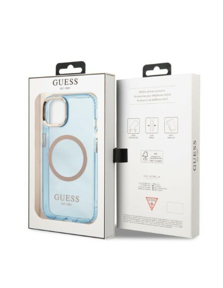 Guess Gold Outline permatomas MagSafe dėklas, skirtas iPhone 13 - mėlynas Guess Gold Outline permatomas MagSafe dėklas, skirtas iPhone 13 - mėlynas