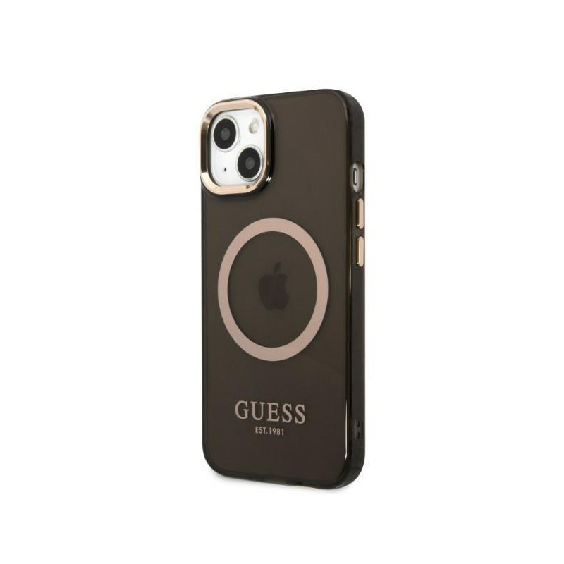 Guess Gold Outline permatomas MagSafe dėklas iPhone 13 - juodas