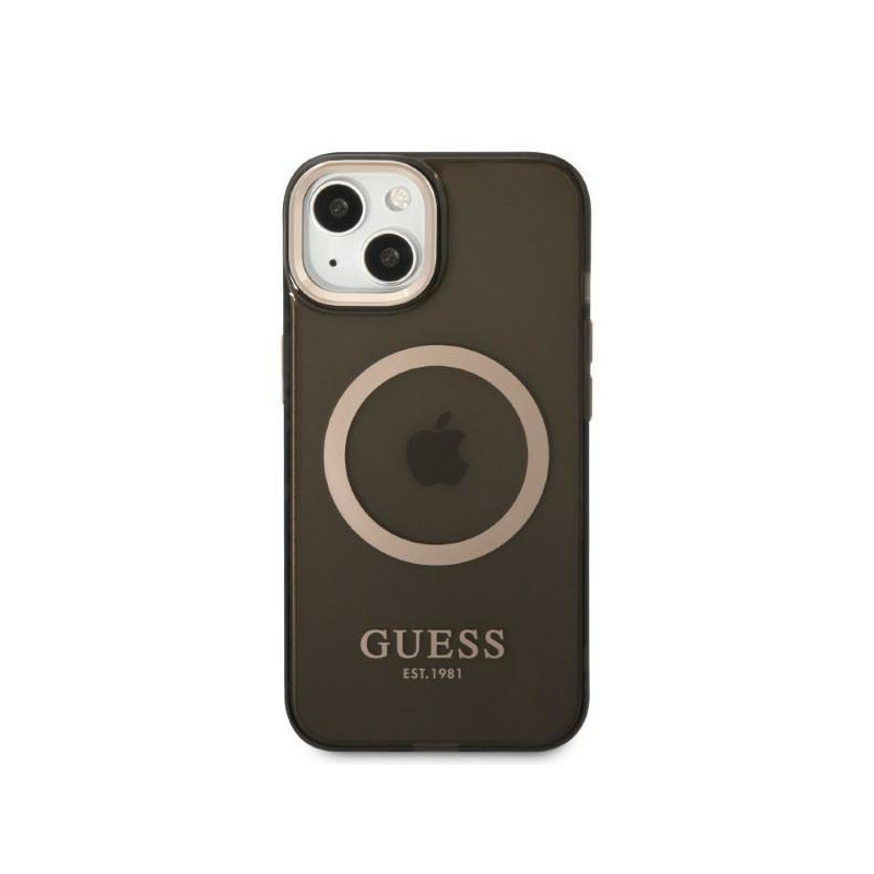 Guess Gold Outline permatomas MagSafe dėklas iPhone 13 - juodas