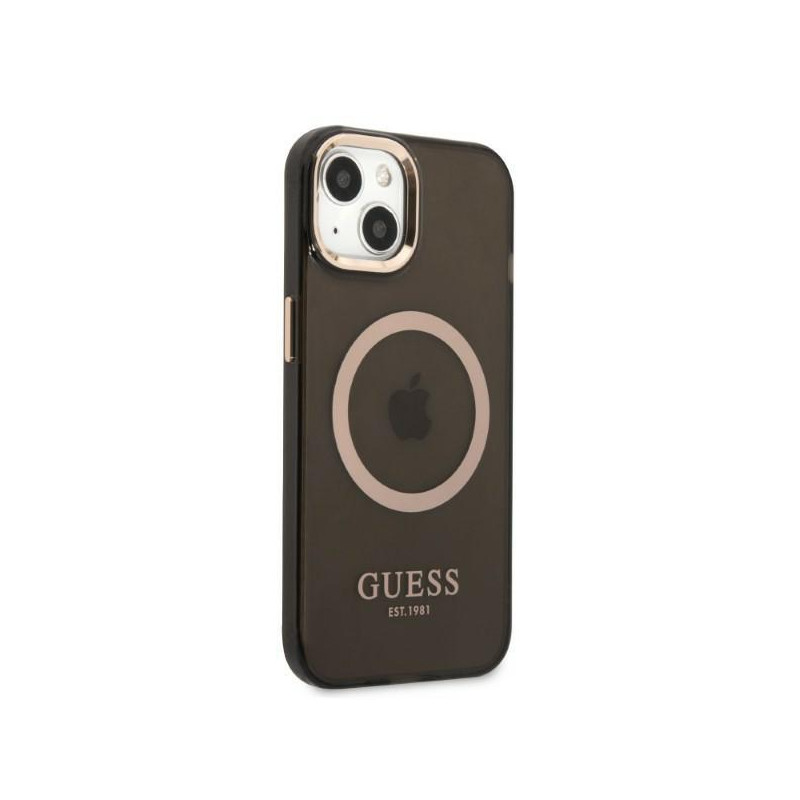 Guess Gold Outline permatomas MagSafe dėklas iPhone 13 - juodas