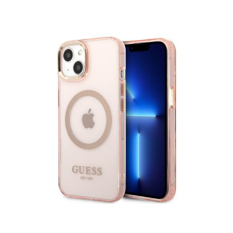 Guess Gold Outline permatomas MagSafe dėklas iPhone 13 - rožinis