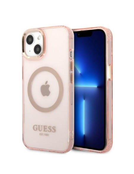 Guess Gold Outline permatomas MagSafe dėklas iPhone 13 - rožinis Guess Gold Outline permatomas MagSafe dėklas iPhone 13 - rožinis