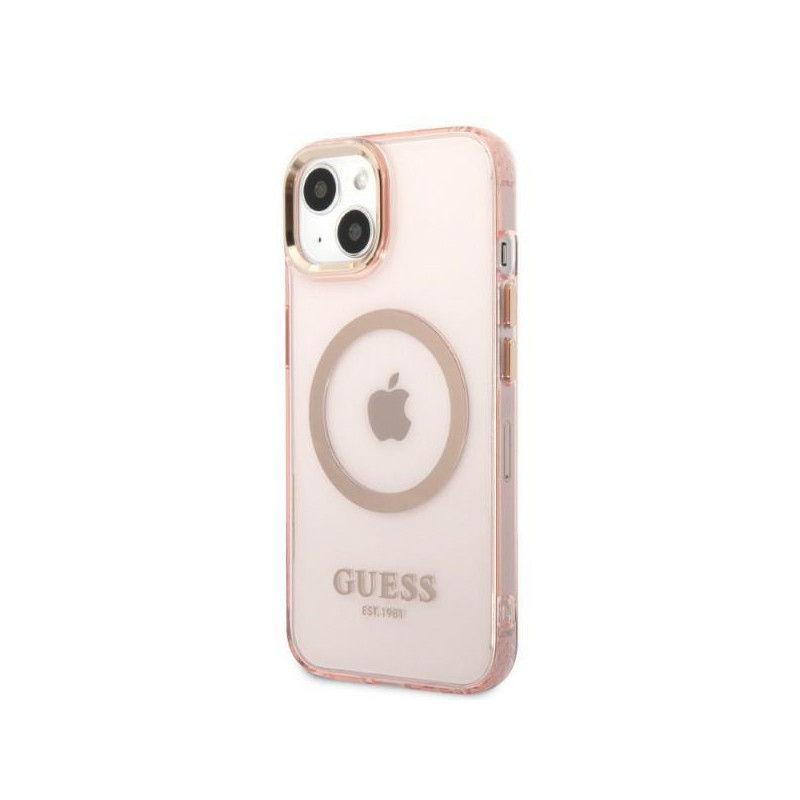 Guess Gold Outline permatomas MagSafe dėklas iPhone 13 - rožinis